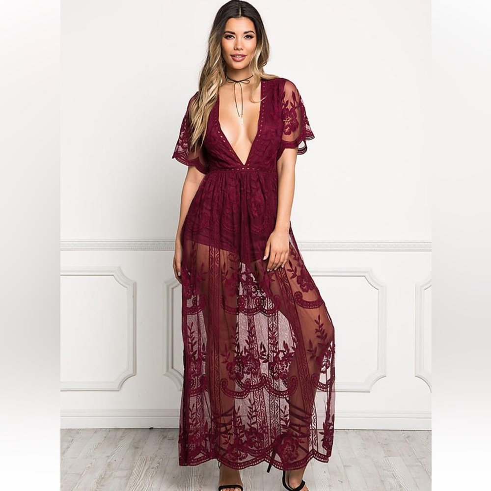 Women's Burgundy Lace Maxi Dress with Deep V-Neck